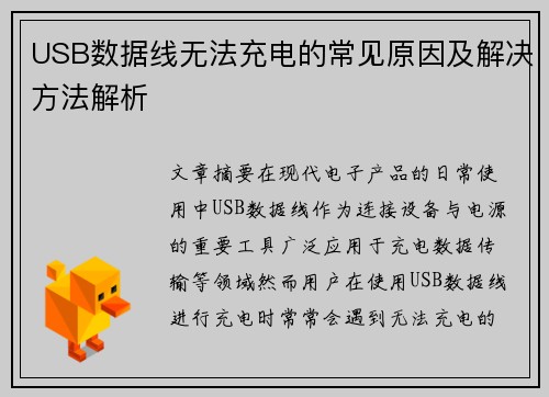 USB数据线无法充电的常见原因及解决方法解析