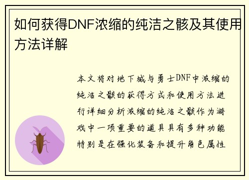 如何获得DNF浓缩的纯洁之骸及其使用方法详解